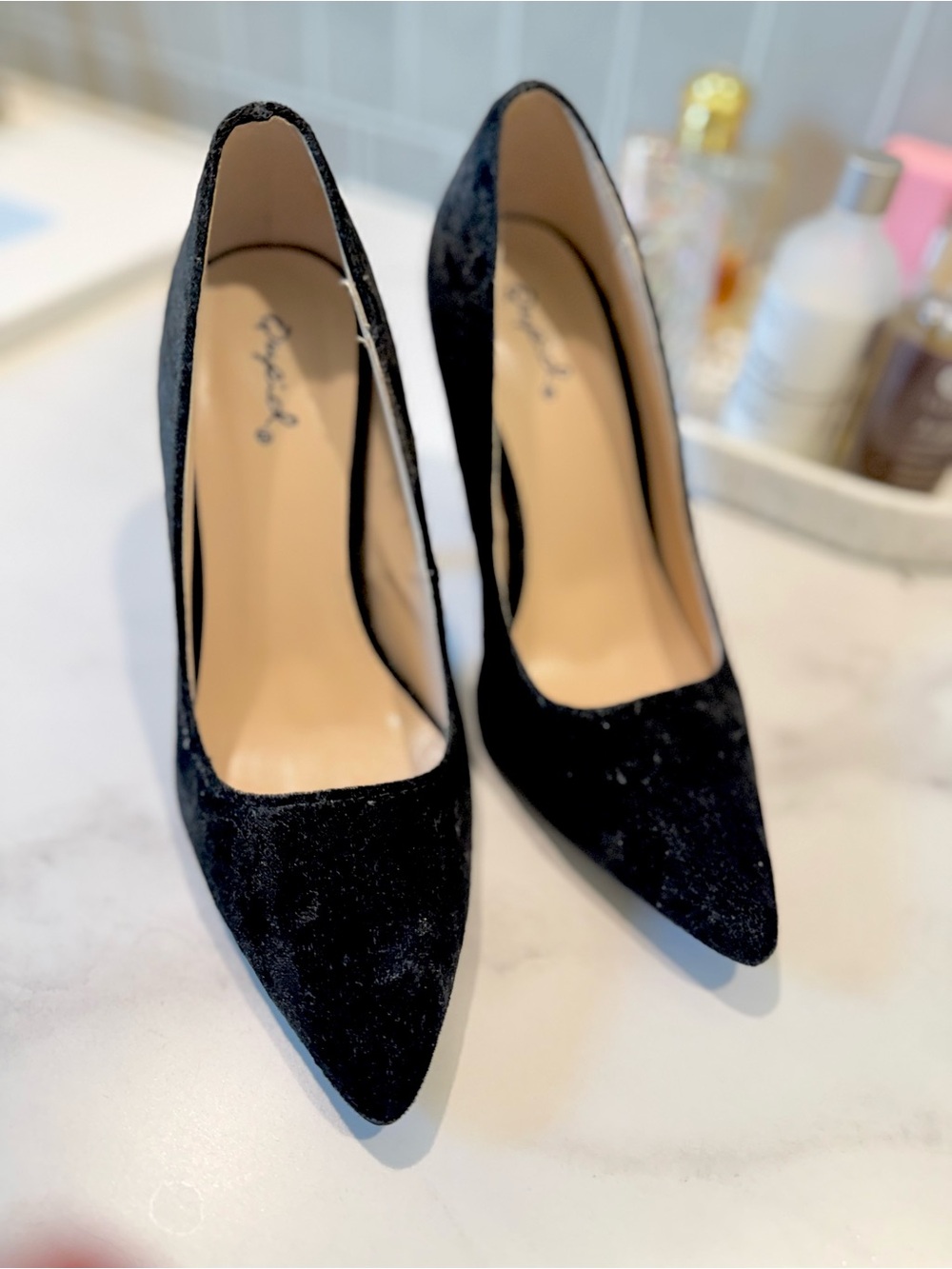 Qupid Black Velvet Pointed Toe Pumps